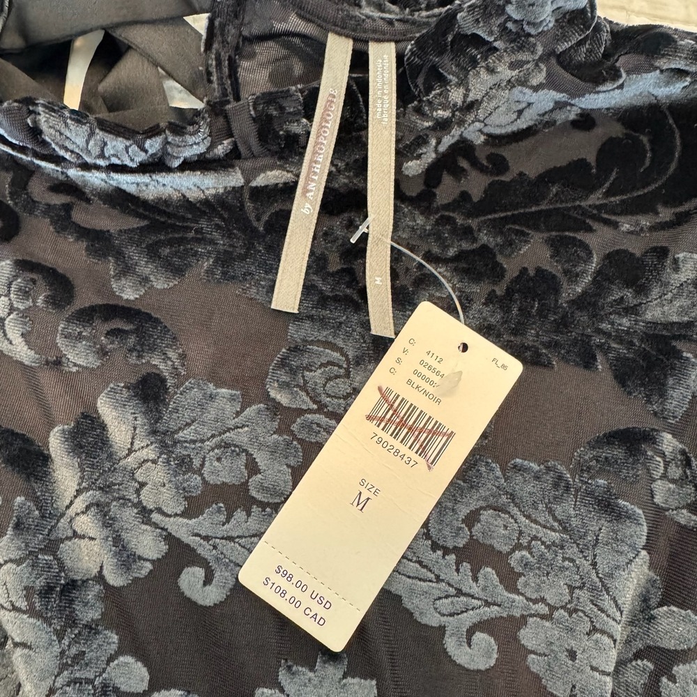 Anthropologie Velvet Lace Up Back Top Black Damask‎ Ruffle Neck Medium NWT
